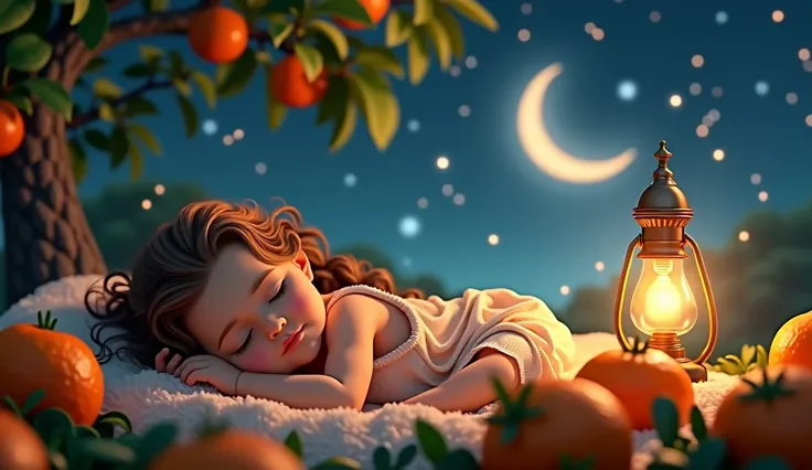 A little baby girl between so many garden  of tangerins inside a tangerins has shiny lamp .she sleeping with long cure curly light brown hair and satisfied. The sky is full of brigjt stars so clear sky and galaxy also. The big leaf of the fig tree cover hi...