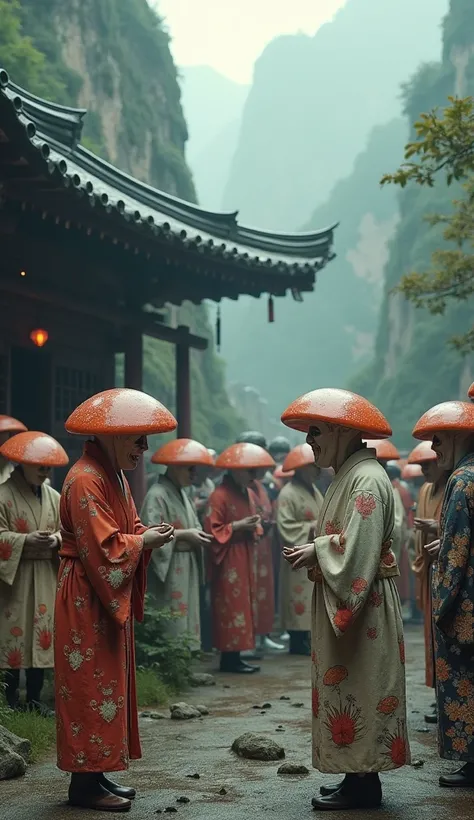 a group of supernatural humanoid creatures with mushroom heads playing at a festival in an abandoned shrine, several people smoking and chatting with eerie expressions, uncanny, japanese horror, remote japanese mountains ruins, wearing kimonos, (best quali...