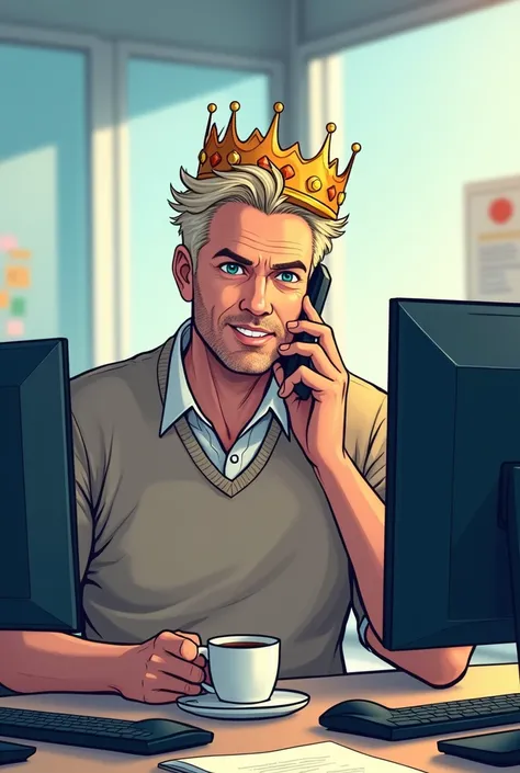 Boss with crown, Bright image, friendly, Coffee, on the phone, dark blonde, manga, 3 monitors, Pullover, 45 years, no glasses, shaved, two eye colors, trained
