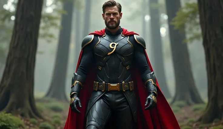 Chris Hemsworth wears a sledgehammer costume, metallic black color combination, red and gold accents, equipped with letter symbols ("g") gold on the chest, crimson robe, and futuristic batik patterns on gloves and shoes. prepare the hammer for battle.
in t...