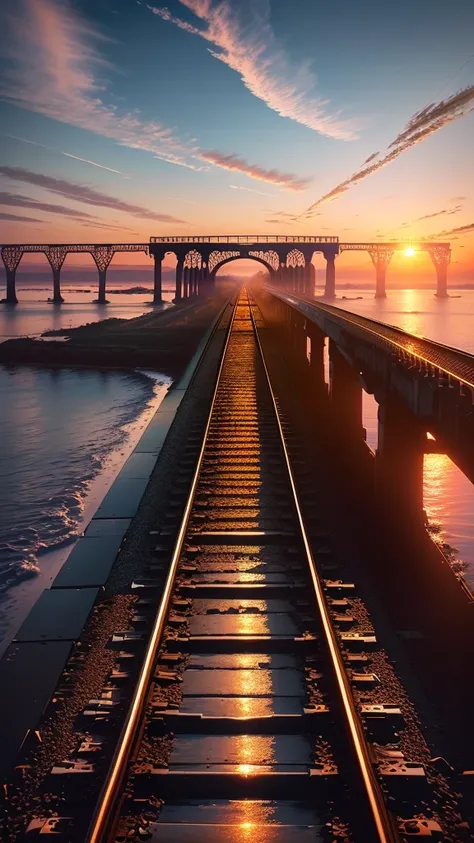 Railway bridge, sunset sky, cirrocumulus clouds, one train, sea, silhouette