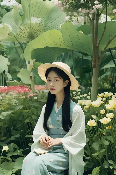 oil painting of a beautiful woman in a hat and hold a glass of milk in a flower garden, she look sweetly and cute, inspired by d...