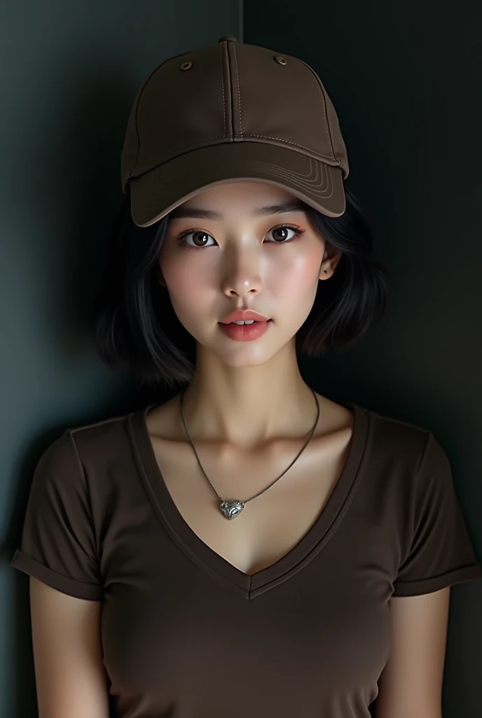 Hyper smooth details realistic photography of  cute beautiful asian woman with dark brown t shirt,  dark brown baseball cap, short black hair, look at the camera  She has ample chest and feminine feature. Shes 20 years old. She has blue eyes. Shes in the u...