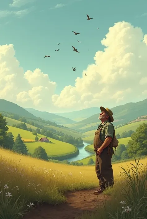 A serene rural landscape with a farmer looking contemplatively at the sky, symbolizing the ups and downs of life.