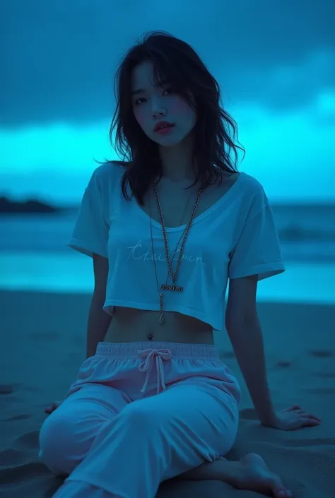 She is there in the sand seating in the sand with a blue lights and have a big name in the necklace DOUYIN with a  simple t-shirt croptop and pajama 