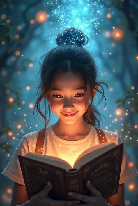 a student girl smiling reading a book and then there are knowledge coming out in the background like a imagination world 