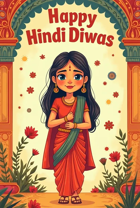 An humanised Hindi diwas poster with headings and drawings,less complicated 