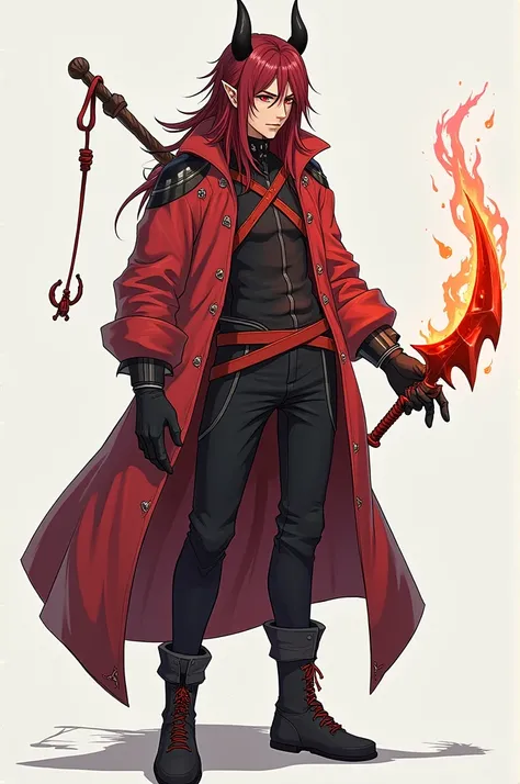 generate a character based on these characteristics: race:half-demon
Corpo: lean-defined 1.70cm
Classe: Assassin-mage long straight hair, dark crimson red color, a small horn on the left side red cat-like eyes, Age: Young Elements: fire, wind, I found a we...