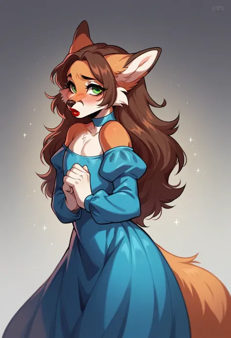 best quality, furry male fox with green eyes, with brown long hair, with a black spout, with red lipstick on her lips, big lips, in a blue dress with long sleeves, a femboy, crossdressing, shy, off-the-shoulder dress, flirts, sexual pose, portrait, against...