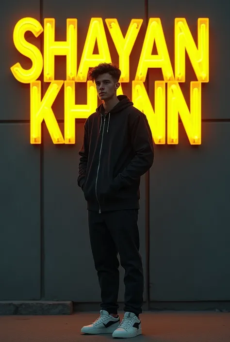 sneakers, he looks ahead. The background features "SHAYAN KHANN" in big and capital yellow neon light fonts on the dark grey wall