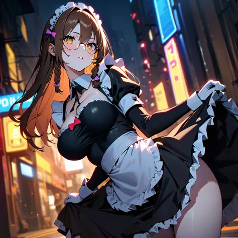 One girl, solo, (High resolution, masterpiece,8k:1.4), (Submachine gun:1.4）Textured skin,White skin,((Maid uniform,skirt)),night,neon,Brown Hair,Long Hair, chest,Bright Eyes,Golden Eyes,front,big breasts,Maid Head Accessories, Mole on the corner of the mou...