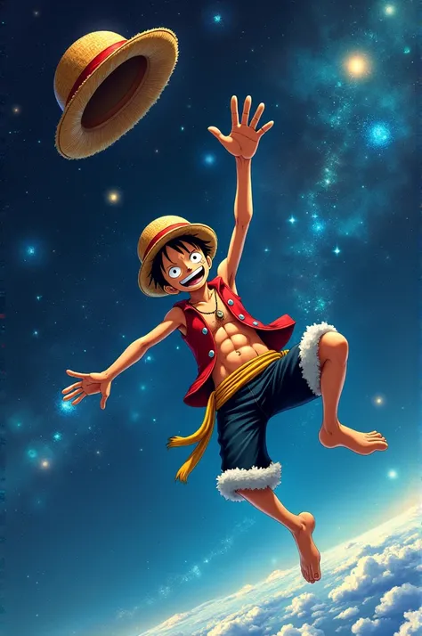 Luffy perdu dans lunivers qui cherche son chemin qui attrape son chapeau perdu dans lespace 