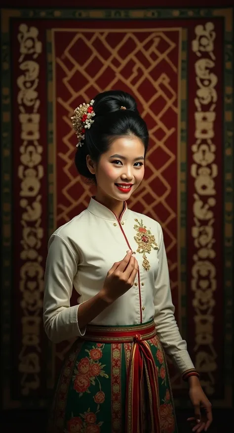 A burmese young lady and very cute with ared lip.She have a big bun.She wear myanmar( burmese)traditional white blouse and  burmese traditional pink colour htamein(longyi).She is standing on the carpet in her luxury bed room.Open Mouth, Upper Teeth, Red Li...