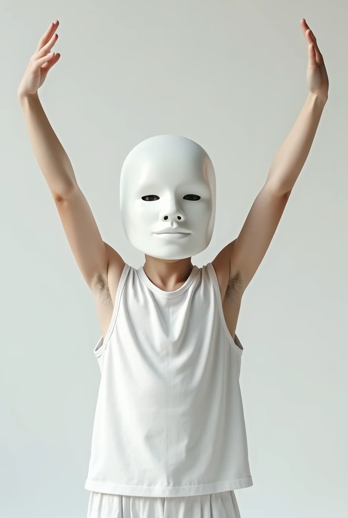 boy kid raising hands above his head wearing white sleeveless shirt with the mask covering his whole face