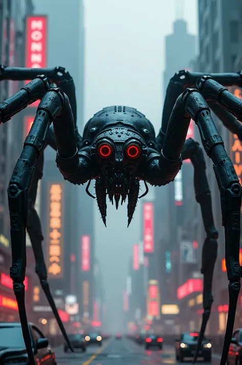 Black spider in cyberpunk City behind spider there is a text "money is everything"