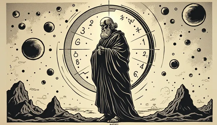 A woodcut illustration of an ancient philosopher, resembling Pythagoras, surrounded by floating numbers and sacred geometric shapes. The sharp lines and deep contrasts of the woodcut style emphasize the divine connection between numbers and the universe, w...