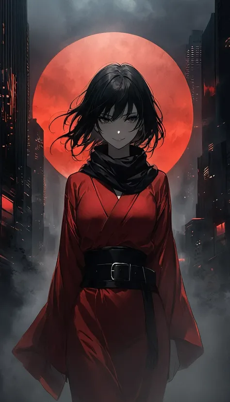 a woman wearing a red silk kimono, walking through a misty world, black belt, nihilistic smile, long black hair, portrait, cowboy shot, dark eyes, alone, dark atmosphere, black scarf, many light rays, dark and gloomy atmosphere, night, chiaroscuro, dark sk...