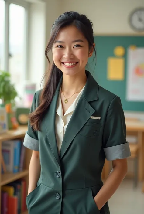 a teacher smiling with a uniform