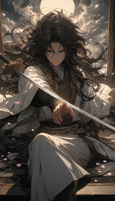 Single，male，Great sword，fighting，Moonlight，Tsudo，Clouds and Smoke，Lan Zhou，Flying Sword，Horizontal as a mirror，Reflection，Petals Falling，Gongzi is unparalleled in the world，Sword Master，Black pupil，Complex and complex hair，Inky black hair，Blue and white lo...