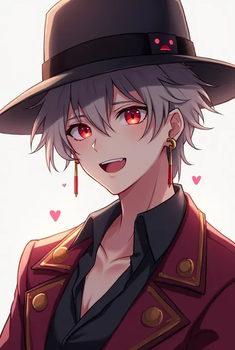 Solo, Short Hair, Earrings, Smile, Open Mouth, Red Eyes, Large fedora, High Resolution, High Quality, male anime,