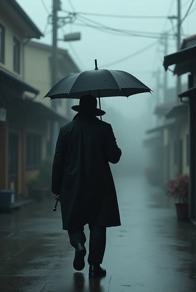 A man walking alone in rain with black umbrella and black jacket and hat in small town with sad emotion and hide his face