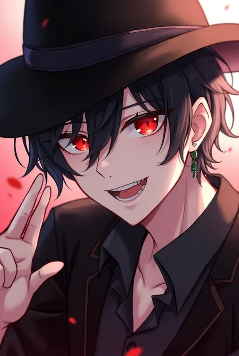 Solo, Short Hair, Earrings, Smile, Red Eyes, Large fedora, High Resolution, High Quality, male anime,Teeth,