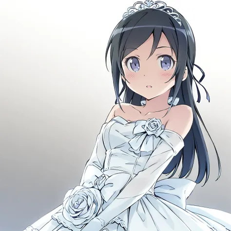 ayase aragaki, one girl, alone, dress, tiara, black hair, bare shoulder, wedding dress, white background, gloves, white dress