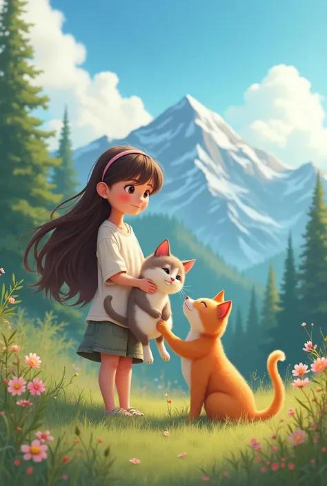 Cute girl with cat with his boyfriend and background something sky with mount 