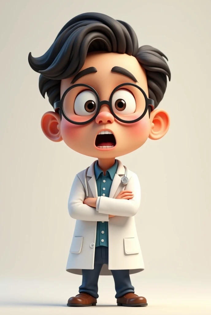 Medium Adorable animated man with his mouth as if he were saying something and his eyes open, dark wavy hair, with white medical gown and glasses
