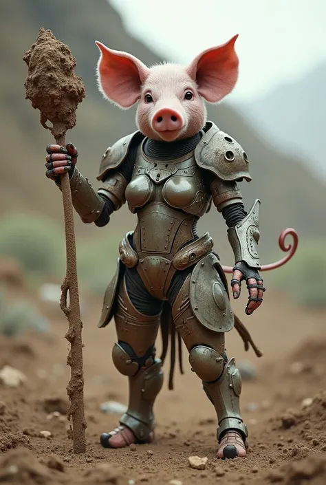 Female pig armor robot wielding mud weapon 