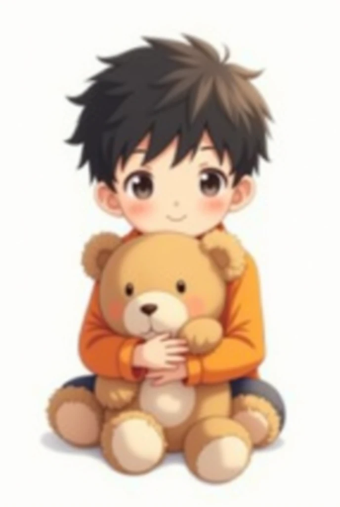 Anime style of a black-haired boy in an orange shirt, sitting and hugging a teddy bear, white background. 