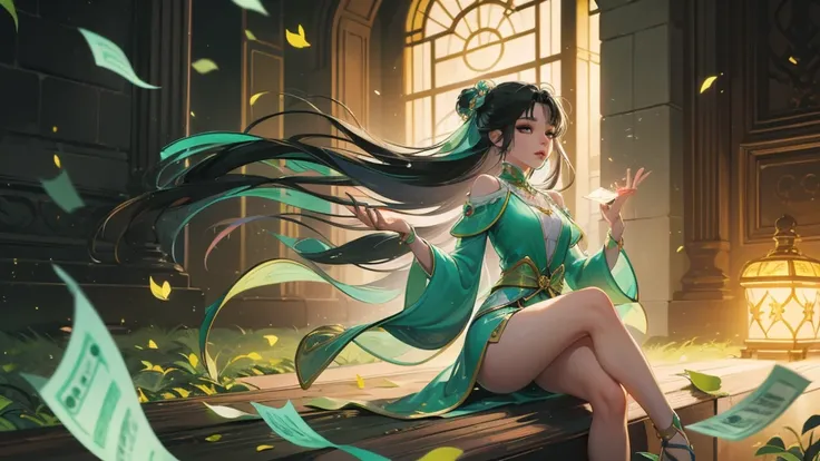 Anime Girl，Fairy Girl，Stylish sitting posture，daring look，Black hair，Hair flying in the air，Glow in the Dark，holographic，Visible falling leaves and cash flying around，banknote，There are treasure chests all over the floor，Stylish hair，Ancient clothing，Drama...