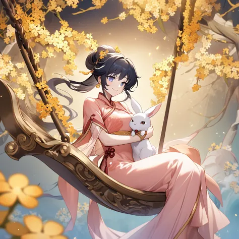 A beautiful and enchanting fairy named Change sits on a swing intertwined with golden osmanthus flowers. She wears a pink ancient-style dress with a sweet smile, dressed in traditional Chinese attire. In her arms, she holds a delicate white rabbit.