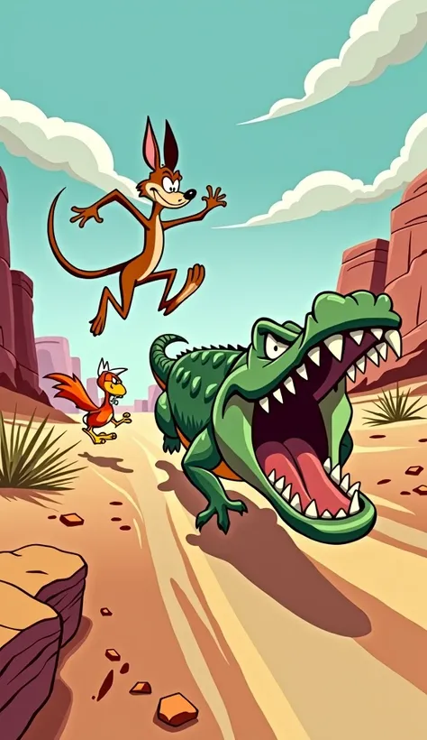 Cartoon coyote and roadrunner running away from a large alligator