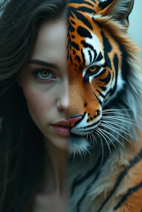 Half face of beautiful women and half face its tiger