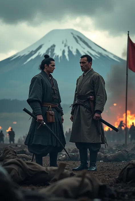  Katsumoto and Algren standing side by side on the battlefield, Japan in the late 19th century, Katsumoto holding his sword, Mr. Algren is holding a rifle、Maintaining a united attitude, A battlefield covered with fallen warriors, Mount Fuji in the distance...