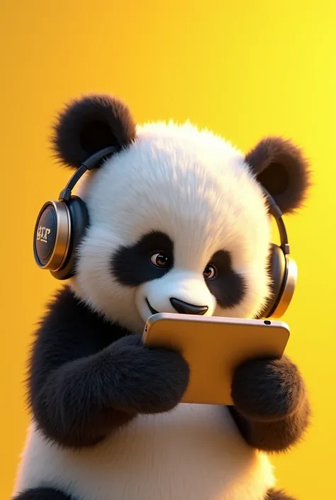 Create a image of a panda 🐼  who is wearing headphones and take a phone on his hand and play game on his phone . ( Background Is yellow . Write ( GTR NEXON LIVE )IN background with different colour 