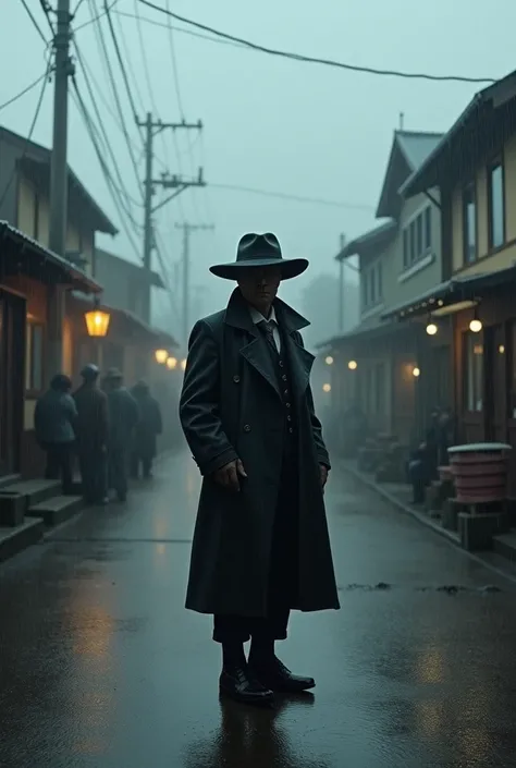 A guy with in far in rain with black jacket and black hat in small town with people looking at him