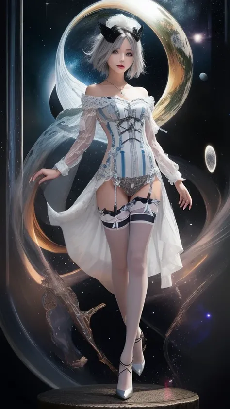 silver hair with blue stripes、Cute Goth Girl、round face、Big eyes、Droopy eyes、vampire、Silver and black blue goth fashion、White lace trim around the hem、thigh high stockings、Garter belt、Dark City Alliance Background 、The galaxy universe shines in the sky、