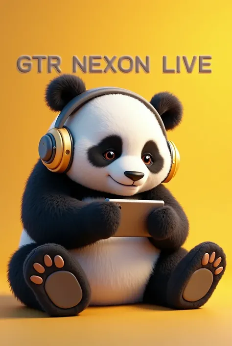 Create a image of a panda 🐼  who is wearing headphones and take a phone on his hand and play game on his phone . ( Background Is yellow . Write GTR NEXON LIVE IN background with different colour 