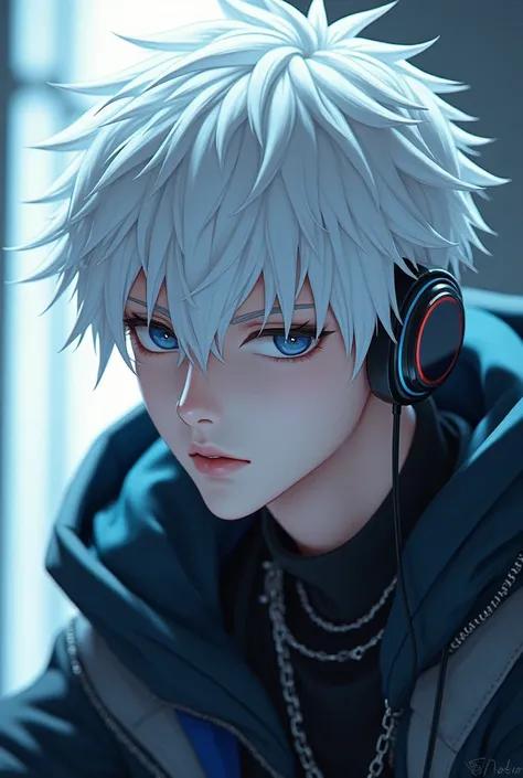 A cold male gamer anime character with white hair.