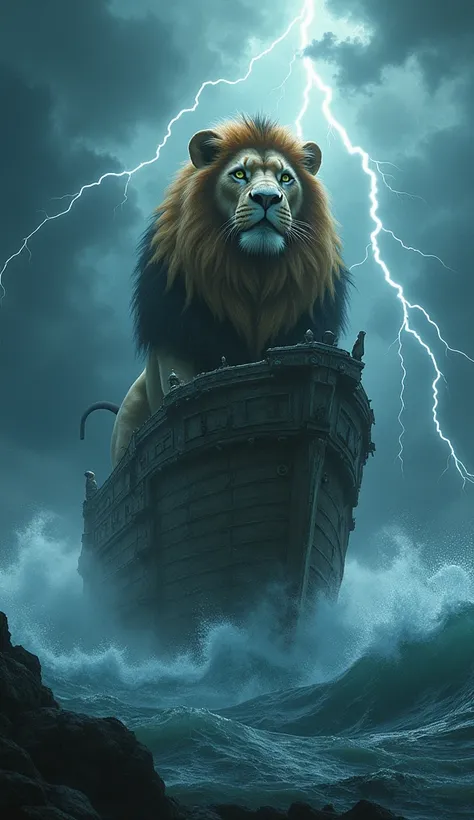 A majestic lion with a ship’s hull as its lower body, standing on stormy seas, black clouds and lightning illuminating its fierce eyes