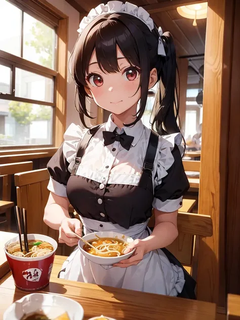 A girl is wearing a maid outfit and eating ramen in a restaurant. She eats with chopsticks.