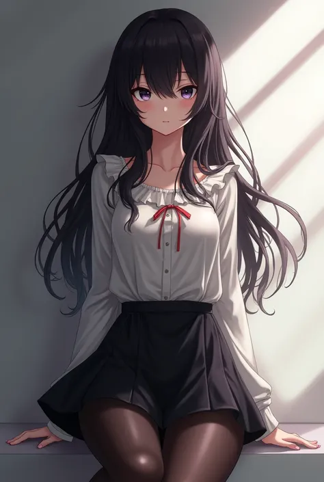 Anime girl, black skirt, long dark hair, upskirt, pantyhose, slight smile, hot