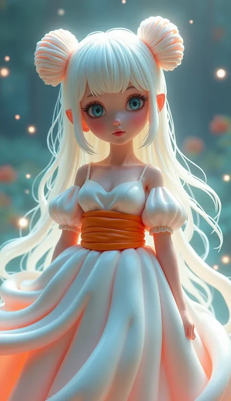 a beautiful slime girl with slime hair in double buns, wearing a white princess dress with a weapon belt, pumpkin orange color, masterpiece, best quality, ultra-detailed, extremely detailed face and eyes, photorealistic, 8k, professional, vivid colors, sha...