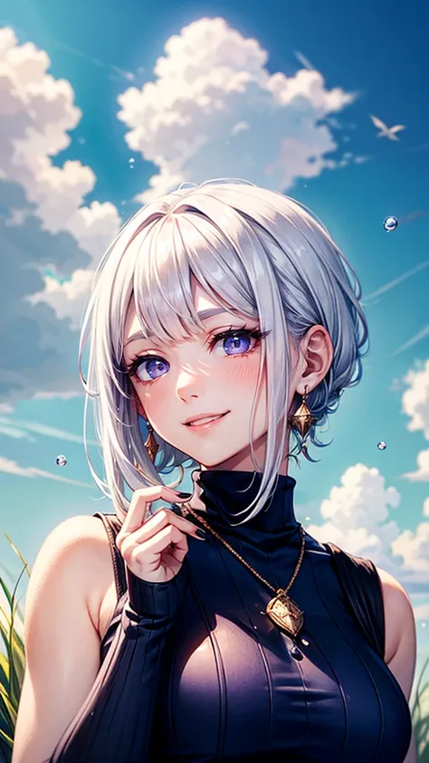 White hair, wolf cut, long nape, semi-long, nape, light blue-purple eyes, gentle, smiling, white turtleneck, white eyelashes　White eyebrows　Long bangs, bangs, nail armor on left hand　Sleeveless turtleneck for young men　Handsome　Refreshing blue sky grasslan...