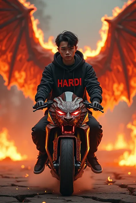 a handsome taiwanese teenager, red eye,there are scratches on the face,wearing a black hoodie, written HARDI in capital letters, black pants black boots, behind him there are large burning wings of fire,riding a furusic sport motorbike lion head intricate ...