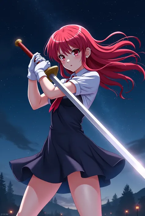 Red long hair anime girl，White Gloves，short skirt dress，sword，Night Sky