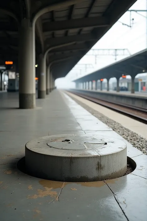 Round concrete cover block at railway platform