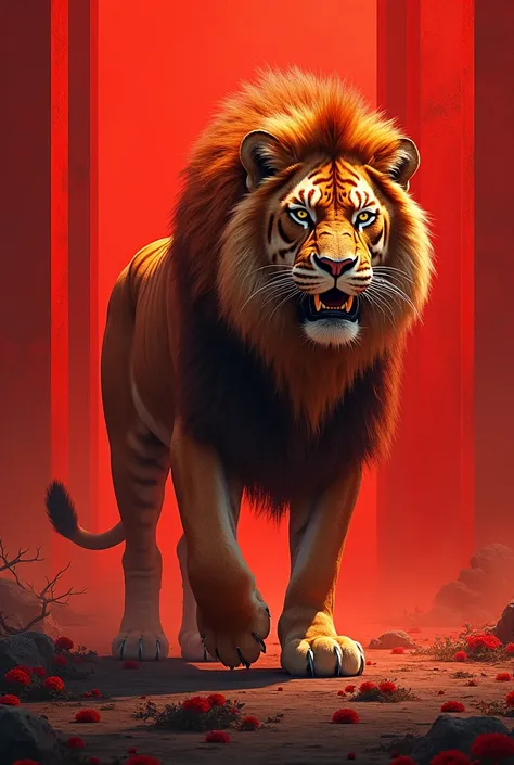 Create a image of liger with red theme and graphic background